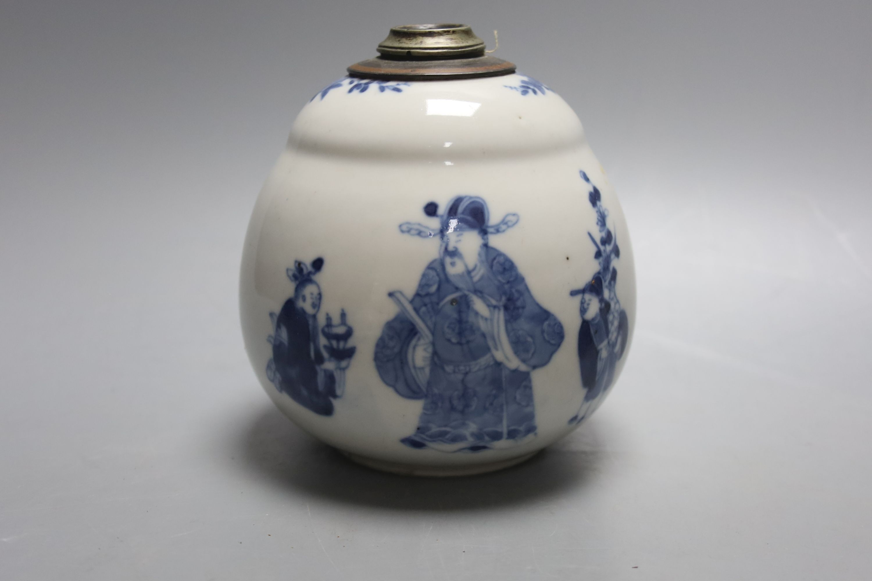 A Chinese blue and white water pipe vessel, a doucai stem dish and a Japanese Imari bowl, 19th century, (3)